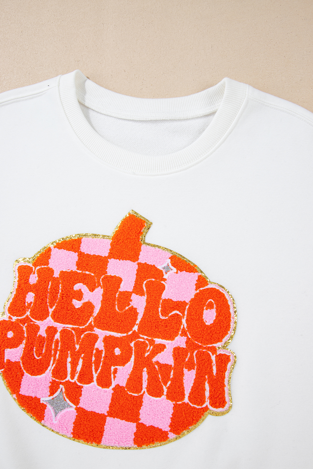 White Terry Halloween Pumpkin Patched Pattern Pullover Sweatshirt - loveforevers