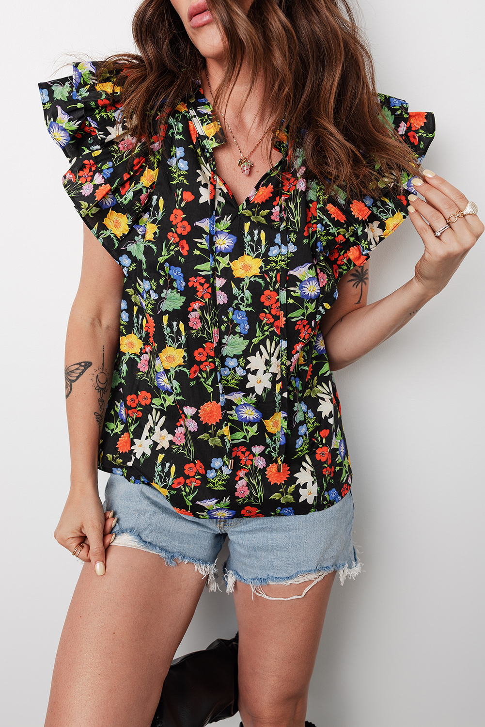 Black Tiered Flutter Sleeve V Neck Flower Blouse - loveforevers