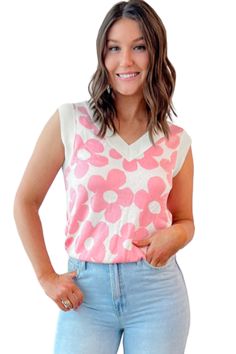 Pink Cute Flower Knitted V Neck Tank Top - loveforevers
