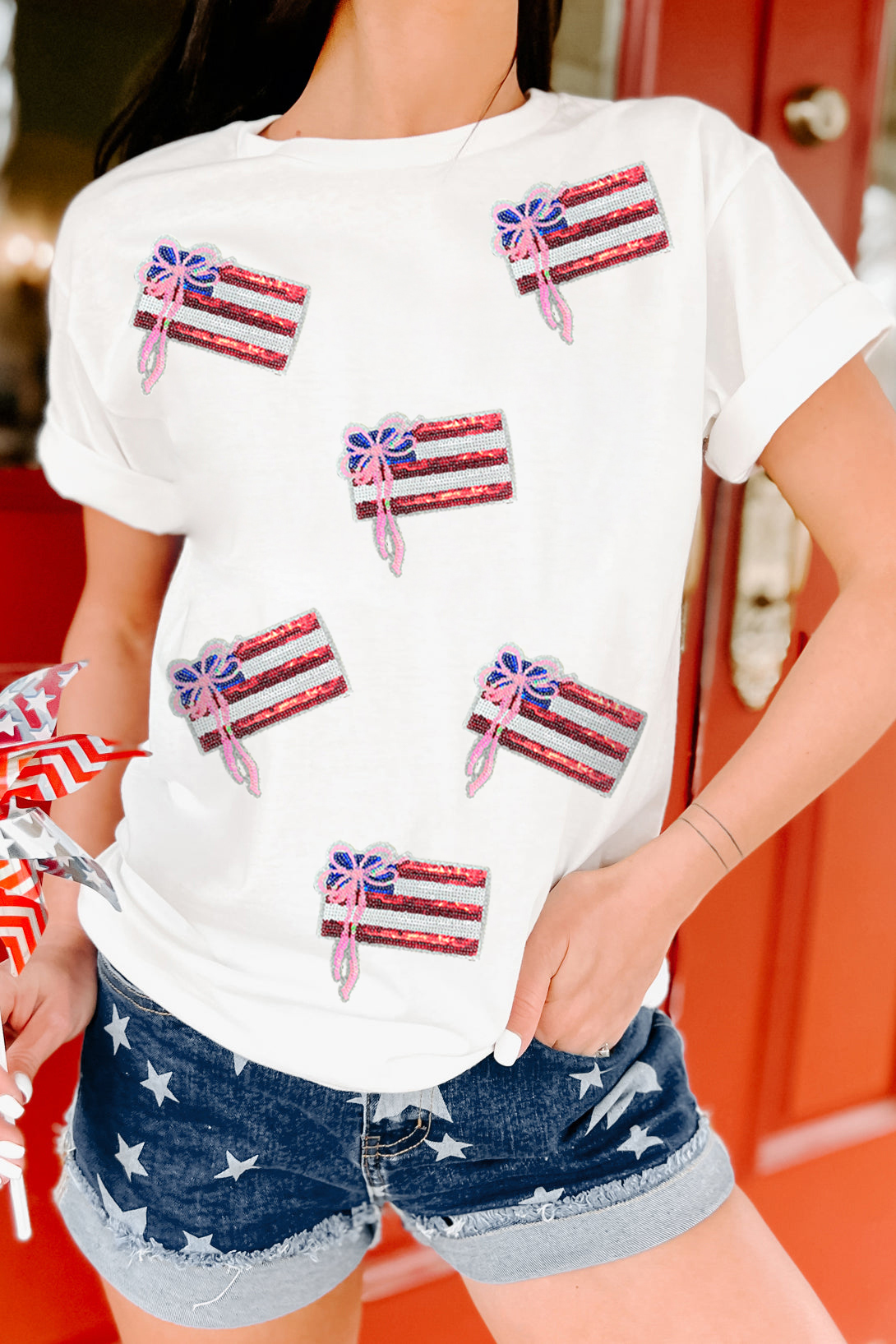 White Sequin Bow American Flag Patched T Shirt - loveforevers