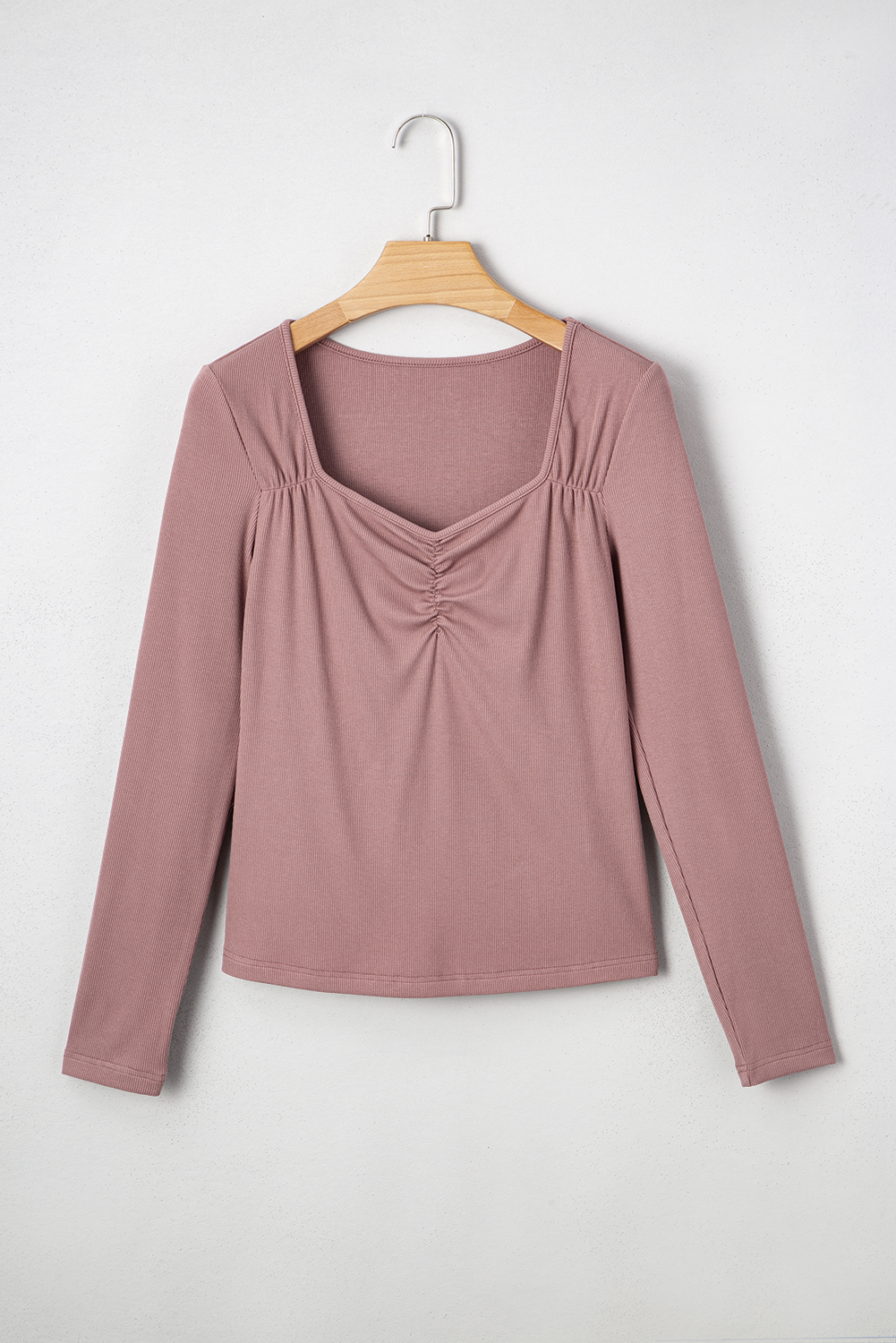 Burgundy Gathered Bust Square Neck Ribbed Fit Long Sleeve Top - loveforevers