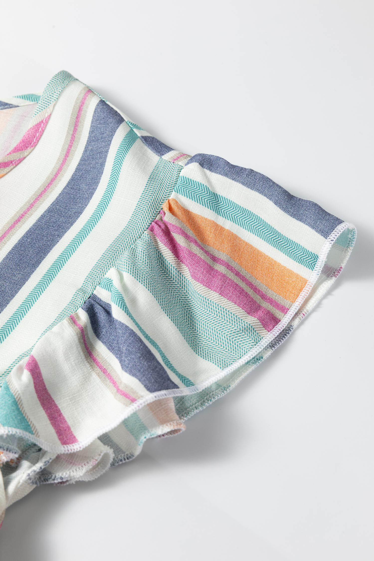 Light Blue Lace Hollow-out Insert Flutter Sleeve Striped Blouse - loveforevers