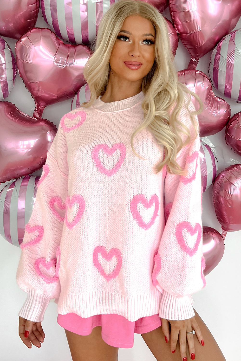 Pink Heart Shape Bubble Sleeve Baggy Sweater - loveforevers