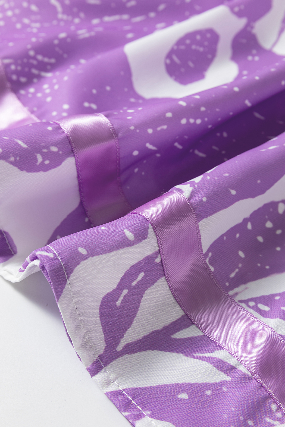Purple Leafy Print 3/4 Sleeve Striped Trim Split Neck Blouse - loveforevers