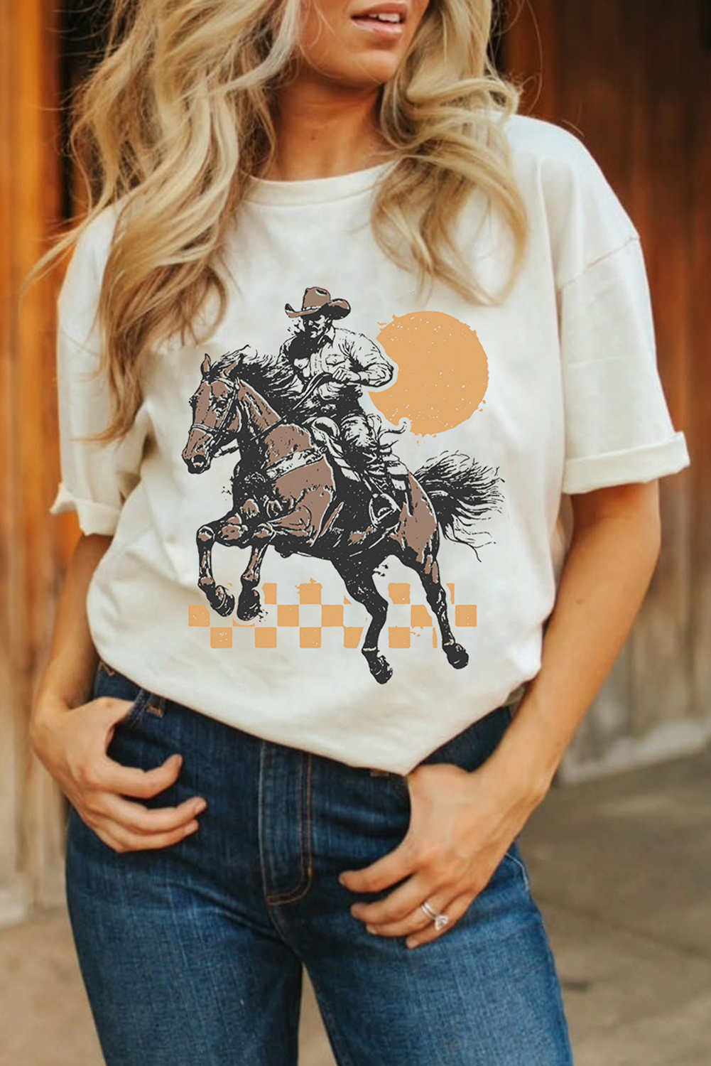 White Sunset Cowboy Print Western Fashion T Shirt - loveforevers