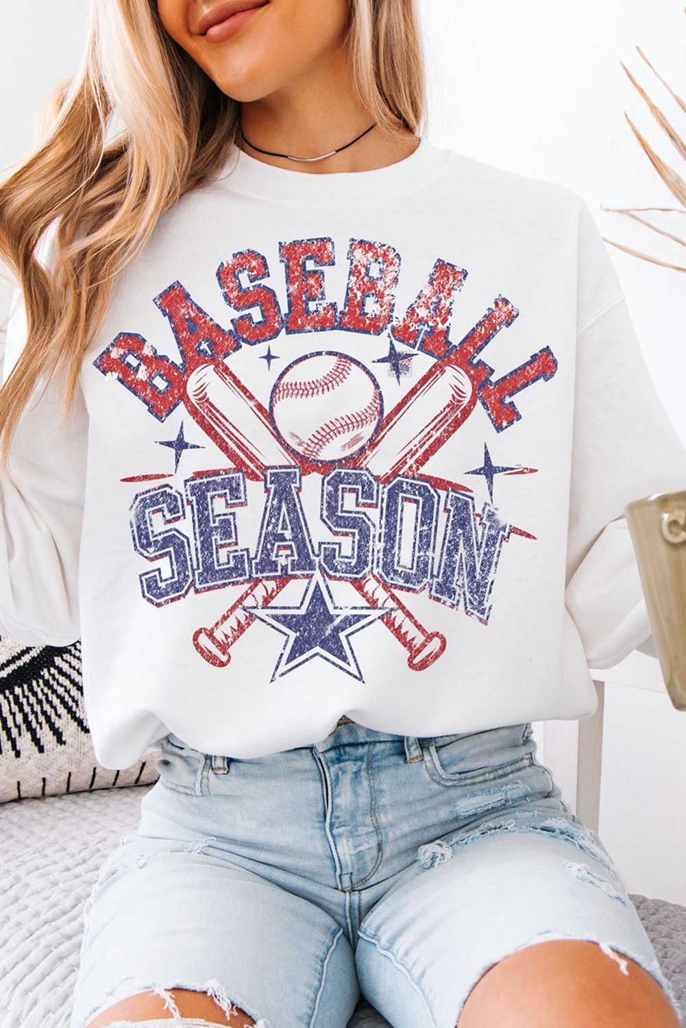 White BASEBALL SEASON Vintage Print Graphic Sweatshirt - loveforevers