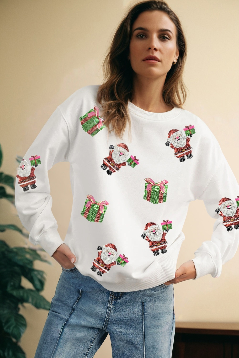 Dark Green Santa Delivering Gifts Christmas Sequin Graphic Sweatshirt - loveforevers