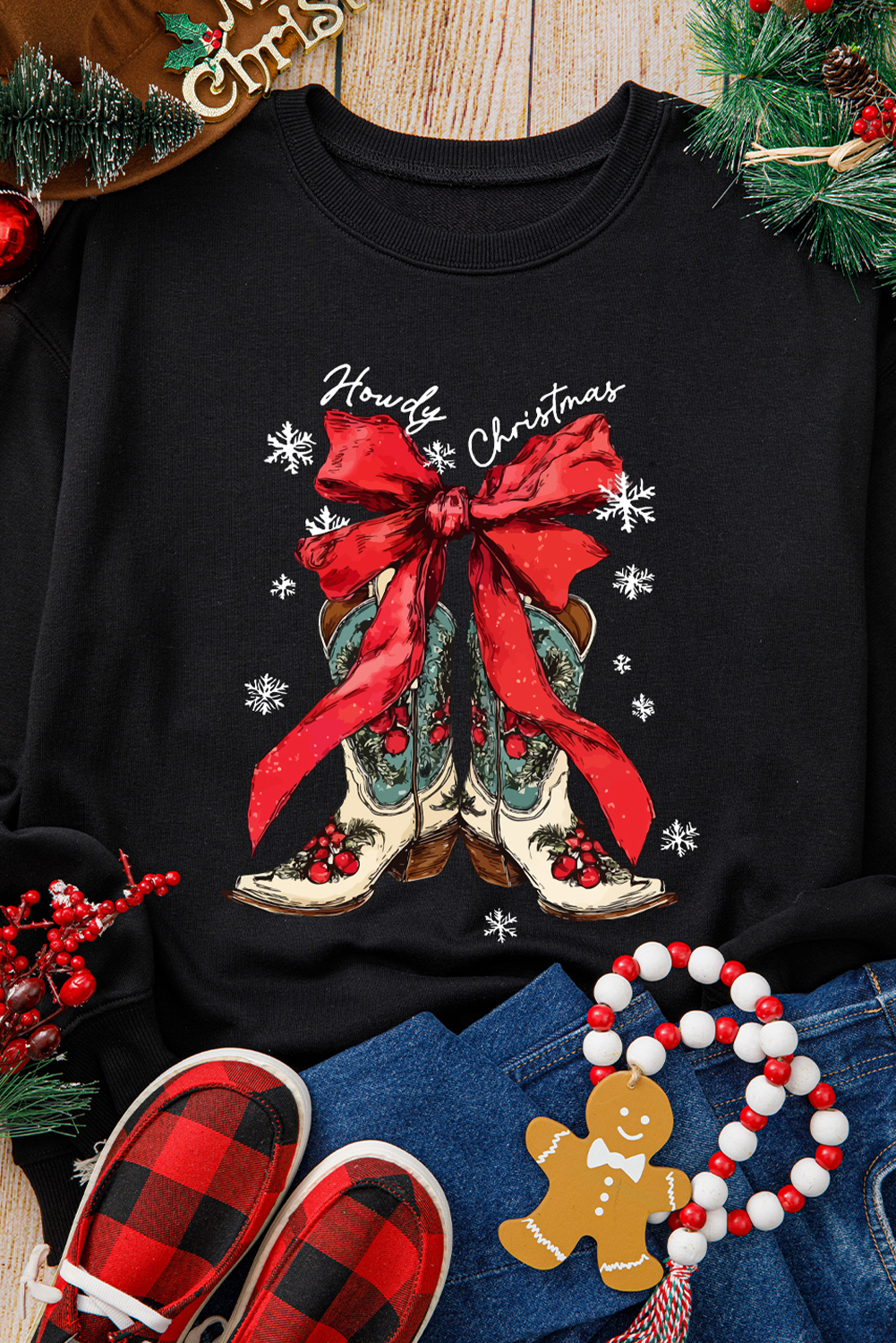 Black Howdy Christmas Ribbon Bow Knot Western Boots Graphic Sweatshirt - loveforevers