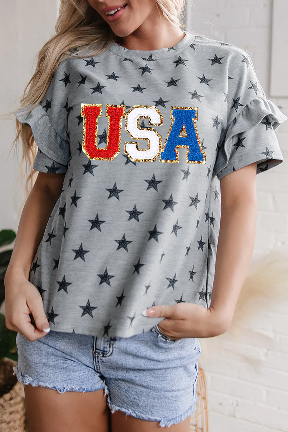 Gray USA Letter Patched Star Printed Ruffle Trim Sleeves Loose Tee - loveforevers