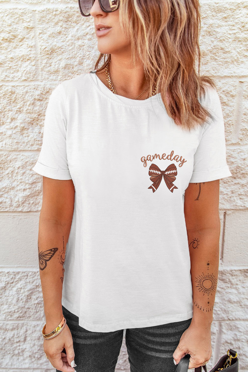 White Game Day Bowknot Embroidered Graphic Casual Tee - loveforevers