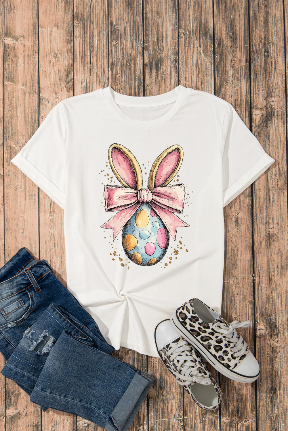 White Easter Egg Bow Bunny Ear Printed T Shirt - loveforevers