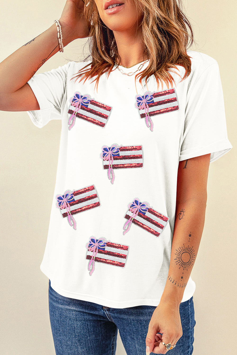 White Sequin Bow American Flag Patched T Shirt - loveforevers