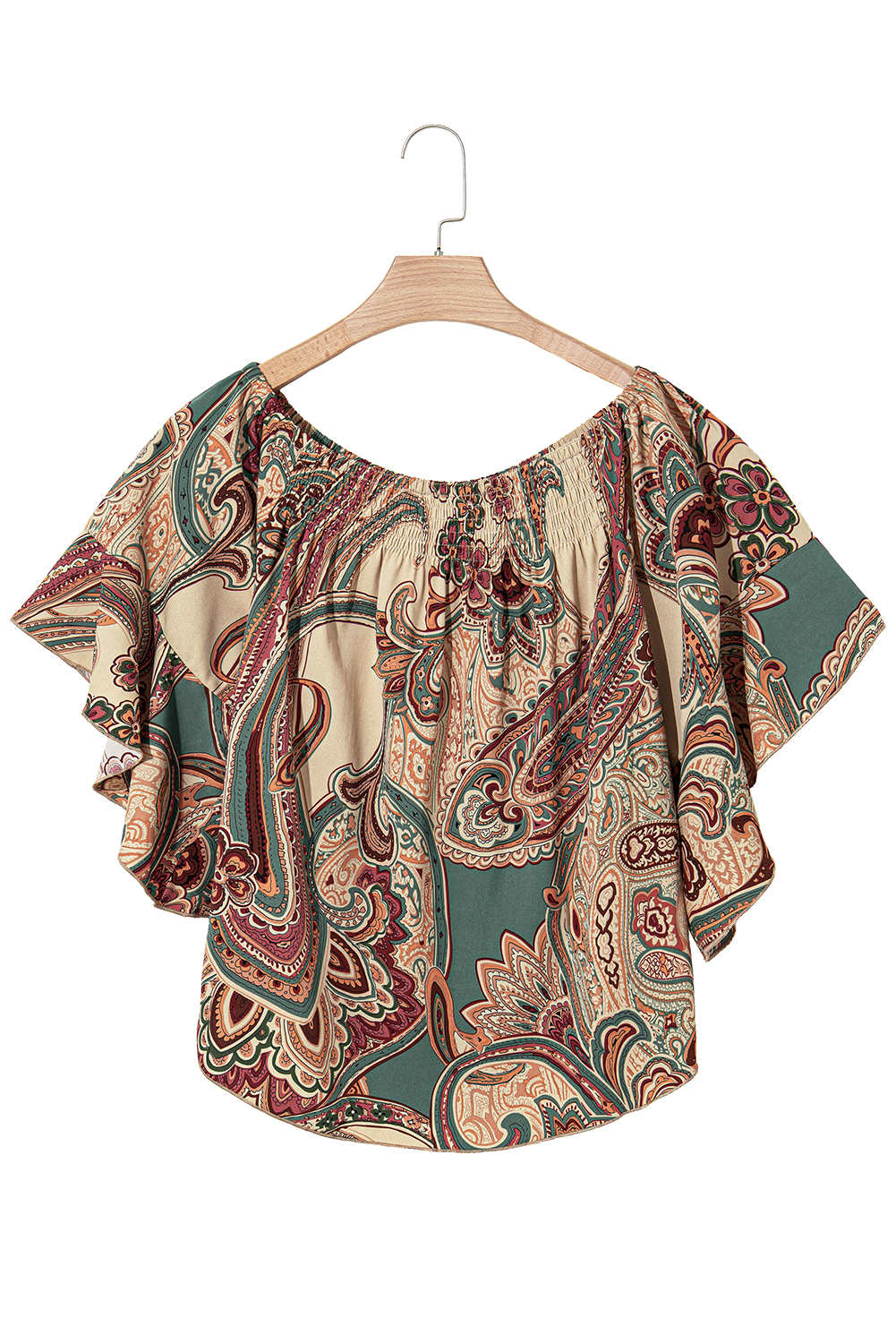 Apricot Paisley Printed Shirred Off Shoulder Ruffled Draped Sleeve Blouse - loveforevers