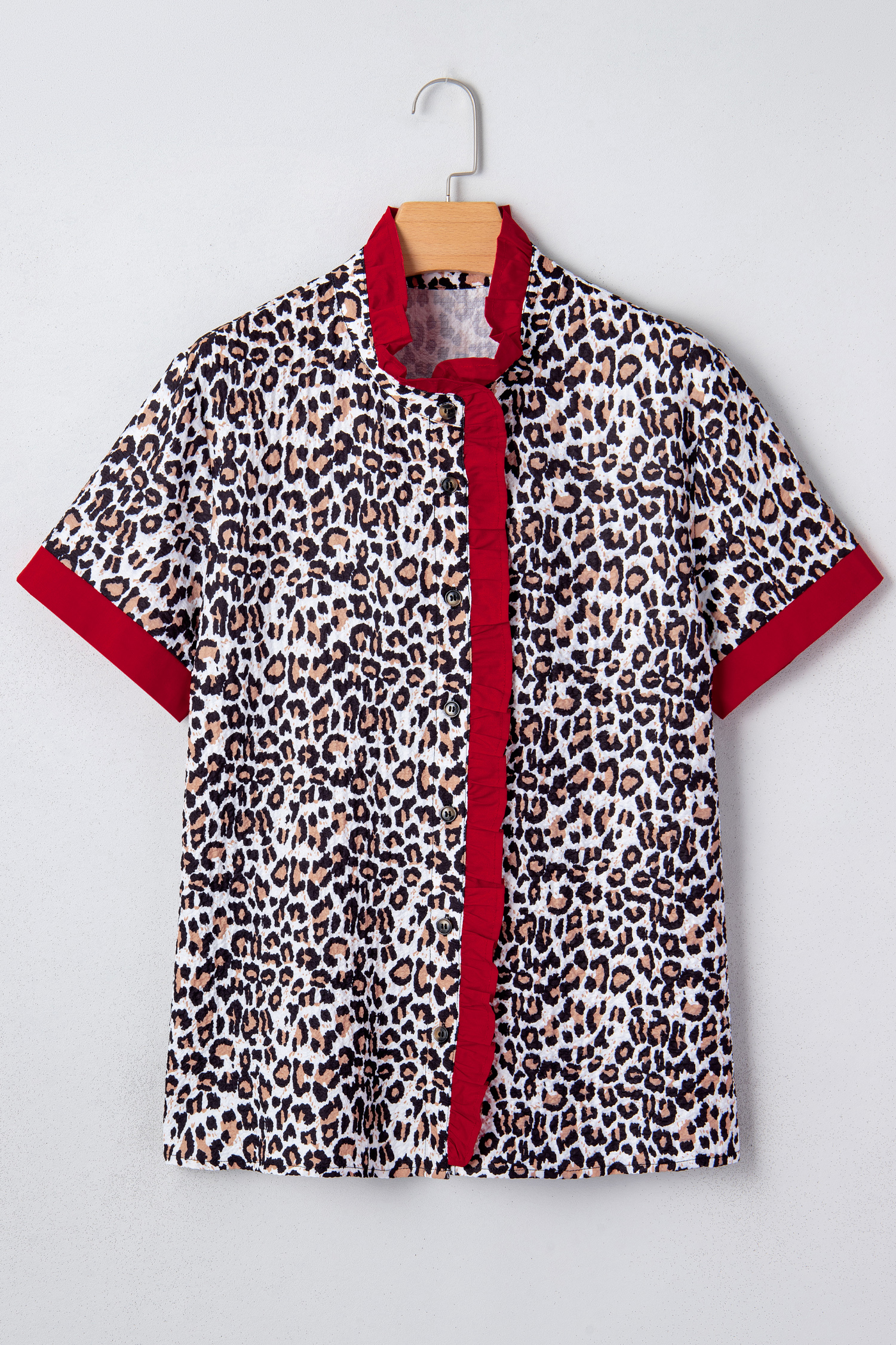Khaki Contrast Frilled V Neck Trimmed Leopard Shirt - loveforevers