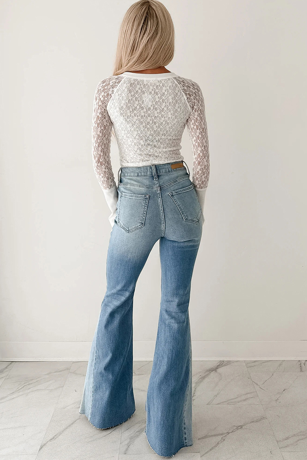 White Sheer Lace Long Sleeve Slim Henley Top - loveforevers