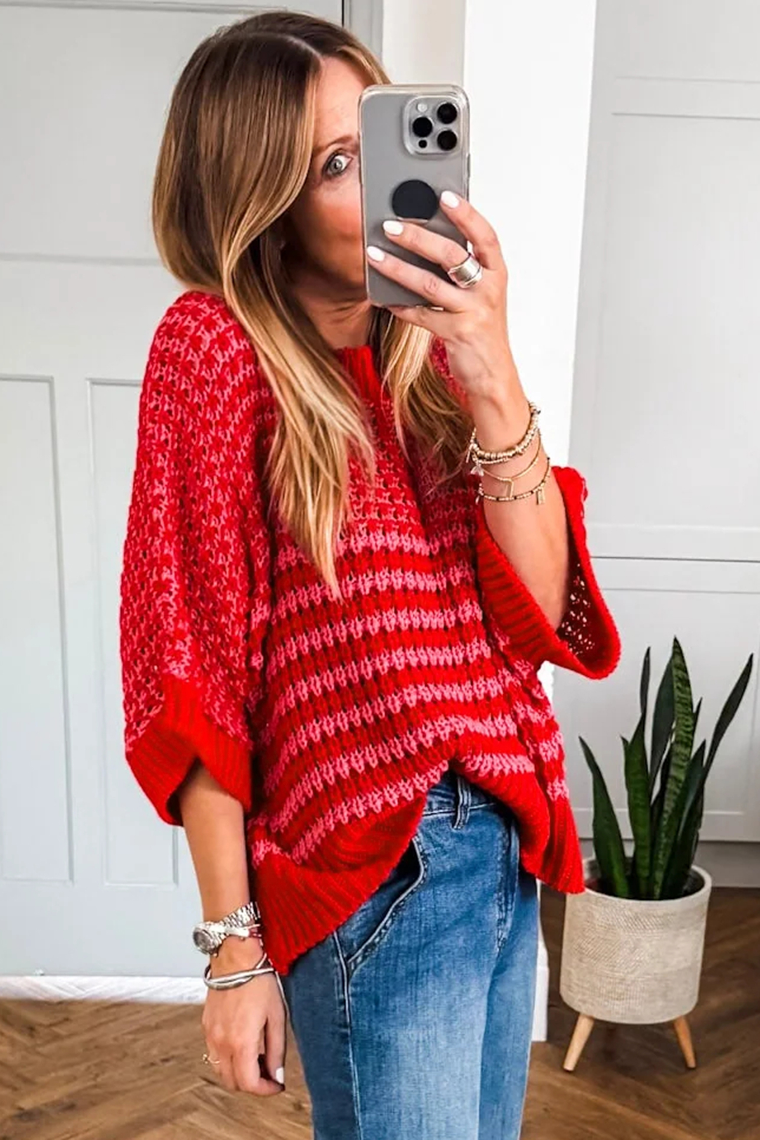 Black Stripe 3/4 Draped Sleeve Slouchy Sweater - loveforevers