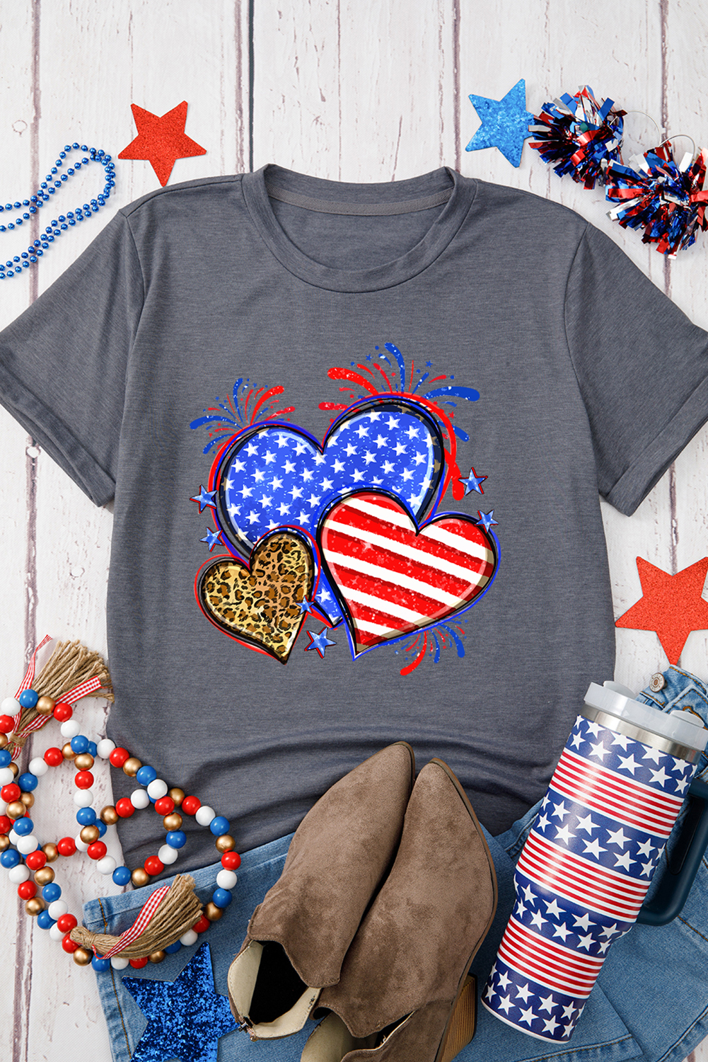 Gray American Heart July 4th Celebration Graphic T Shirt - loveforevers