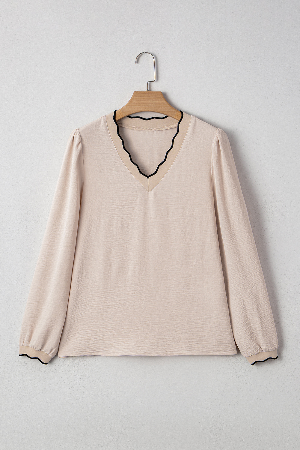Jet Stream Contrast Scallop Trim V Neck Long Sleeve Blouse - loveforevers