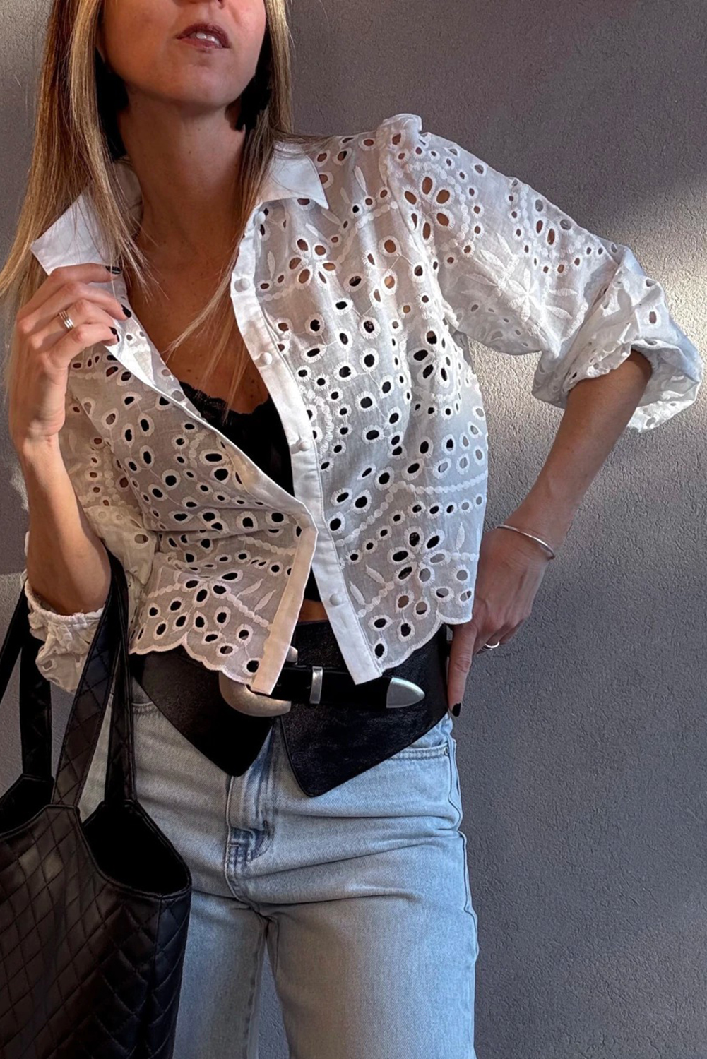 White Eyelet Embroidered Puff Sleeve Crop Shirt - loveforevers