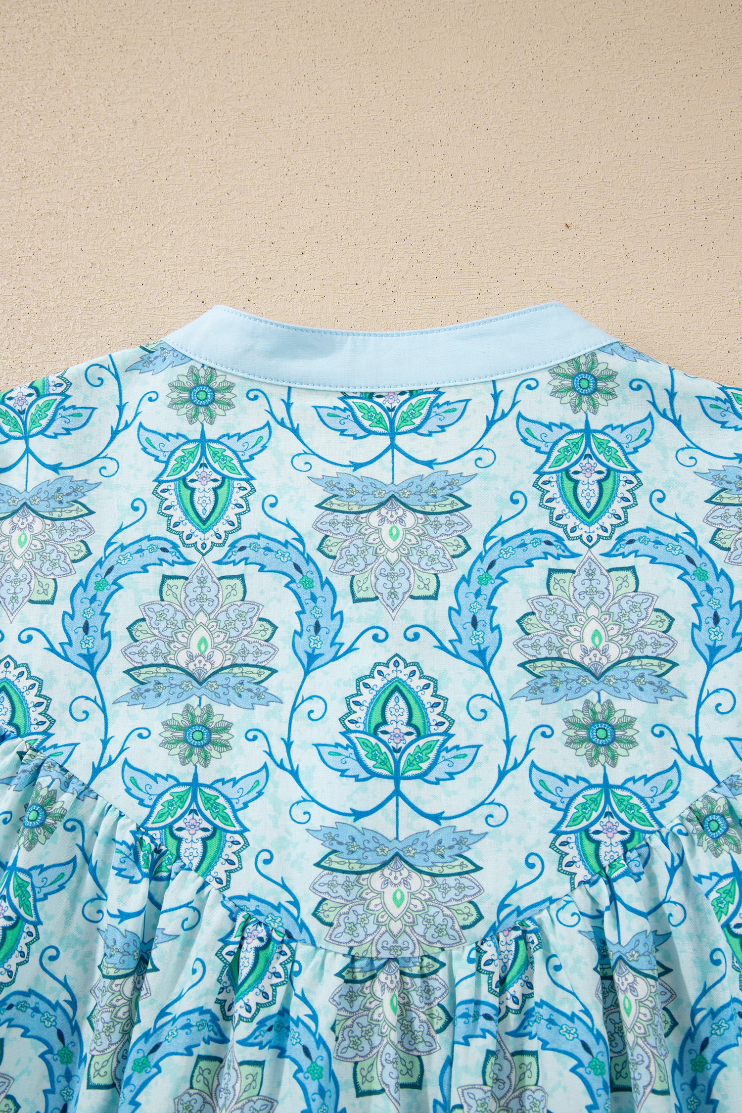 Sky Blue Paisley Print Puff Sleeve Loose Shirt - loveforevers