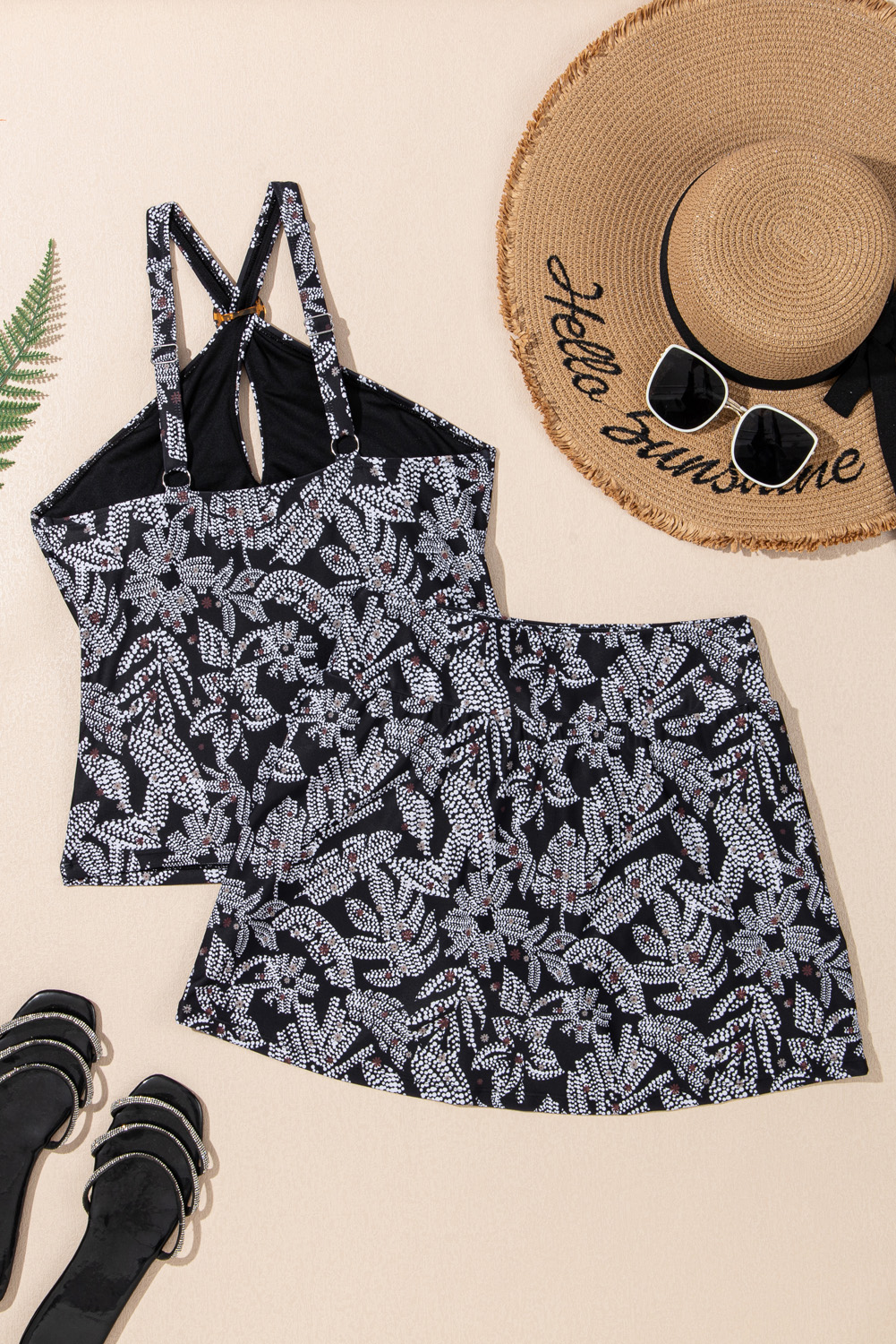 Black Abstract Printed Buckle Crossed Straps Skirted Tankini 2pcs Swimsuit - loveforevers
