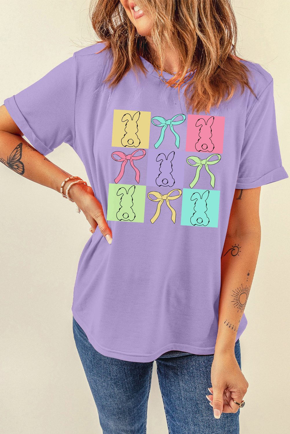Wisteria Bunny Bow Plaid Print Easter Fashion Tee - loveforevers