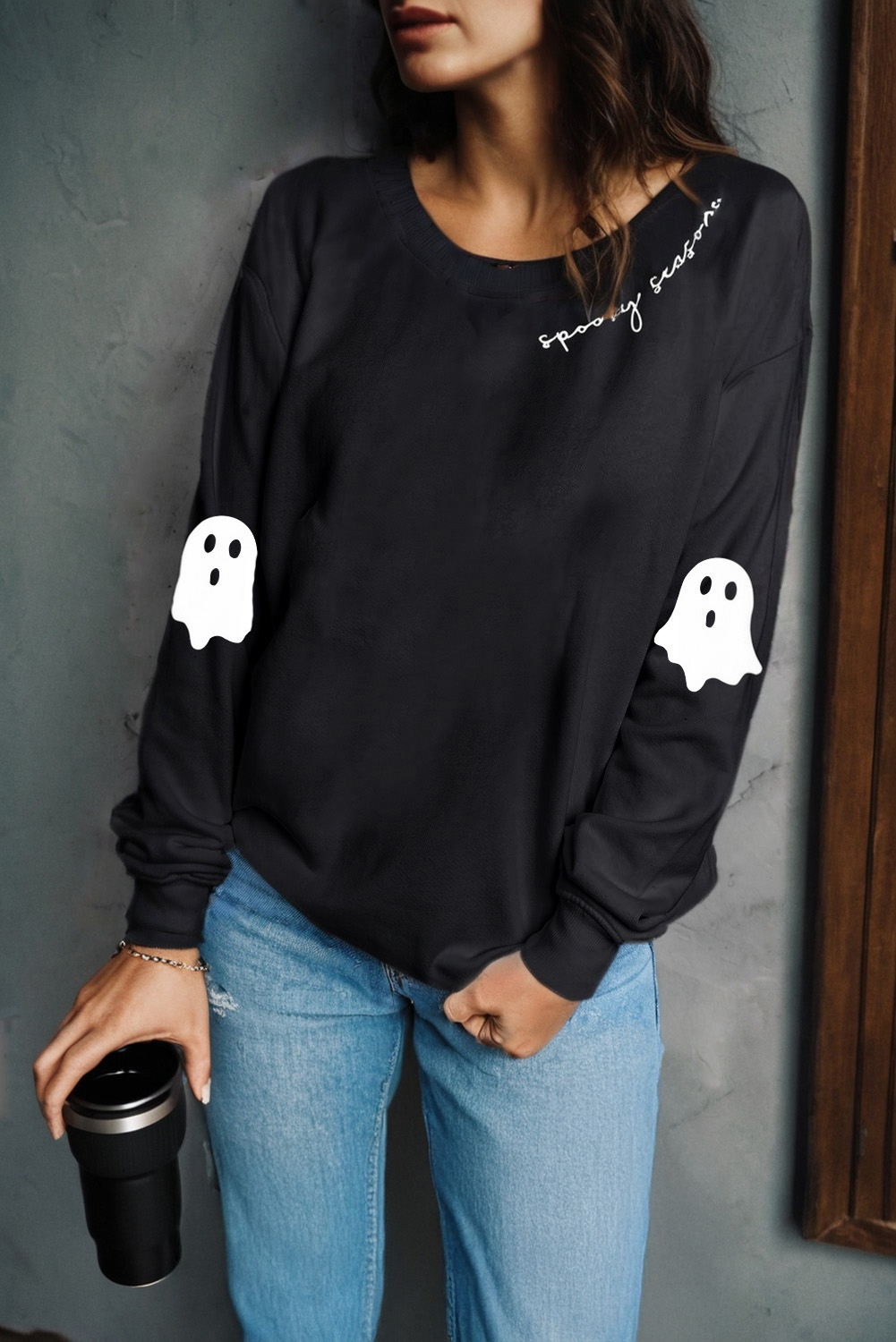 Black Spooky Season Halloween Ghost Printed Drop Shoulder Sweatshirt - loveforevers