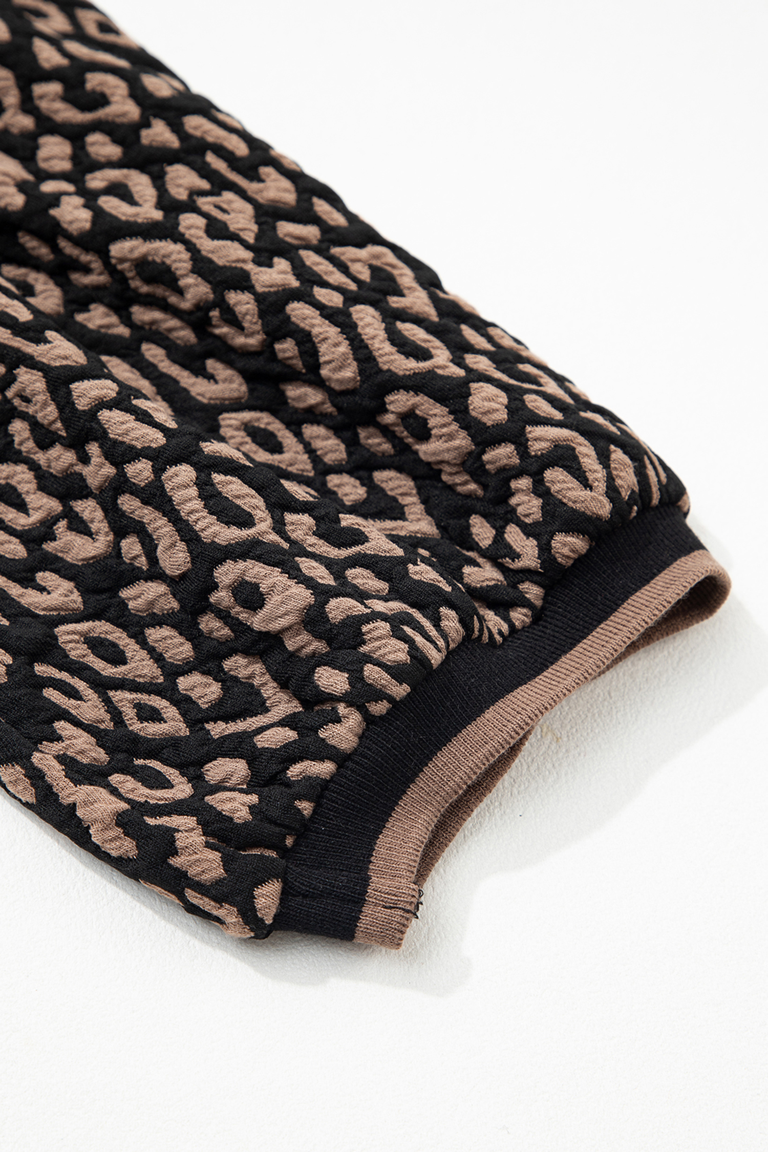 Black Leopard Print Puffy Bracelet Sleeve Contrast Trim Round Neck Top - loveforevers
