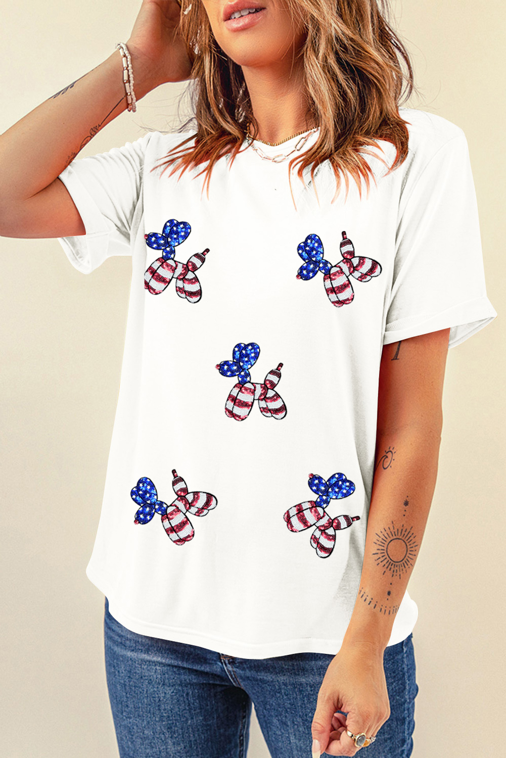 White Sequin Stars and Stripes Balloon Puppy Graphic Crewneck Tee - loveforevers