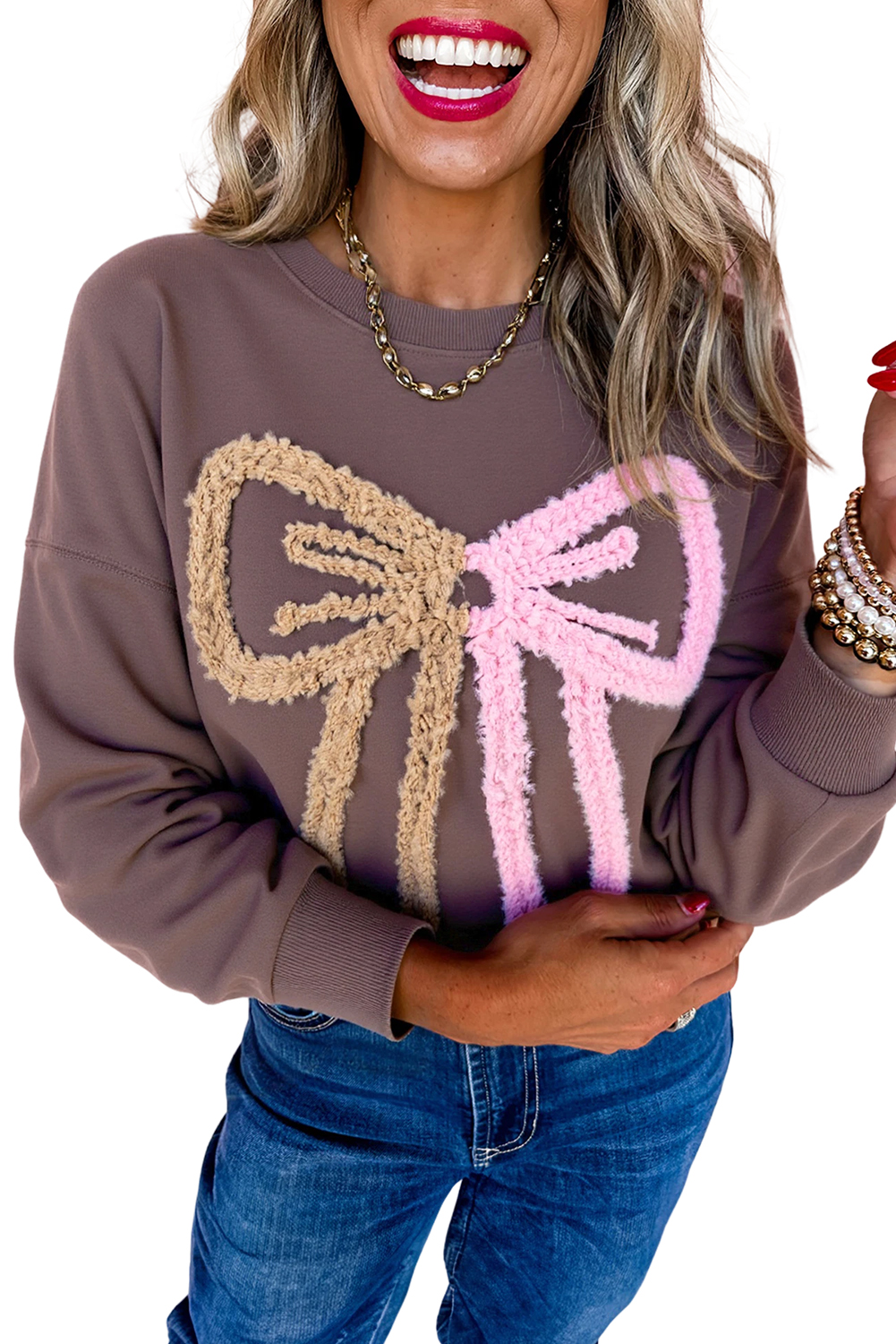 Dark Khaki Contrast Terry Bow Pattern Drop Shoulder Sweatshirt - loveforevers