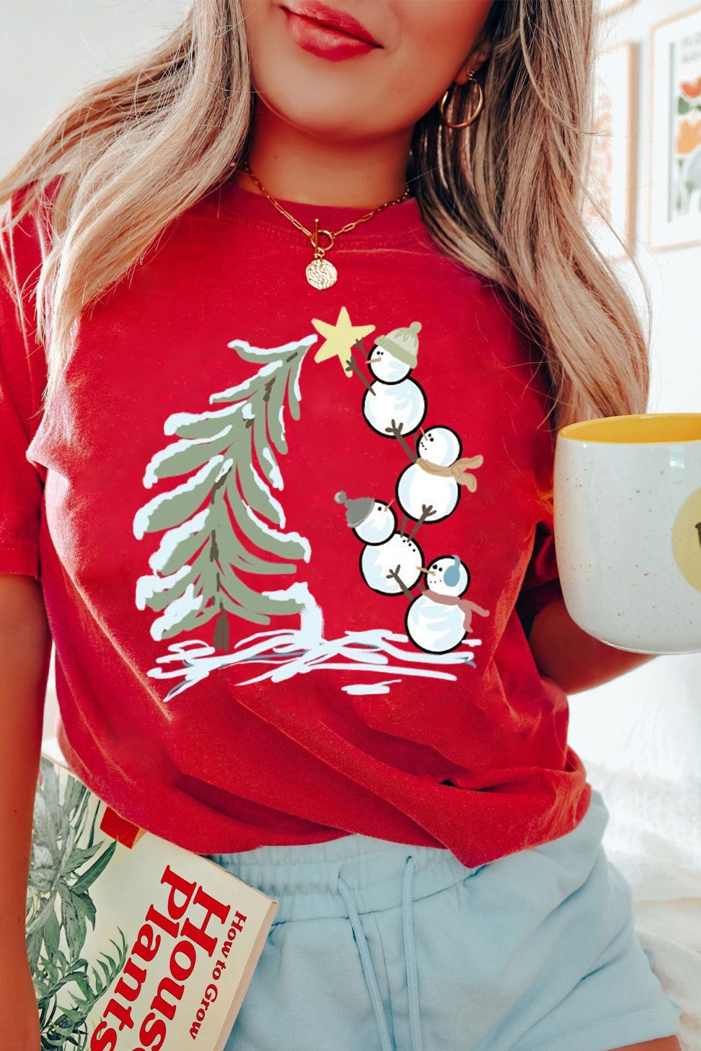 Red Christmas Tree Snowman Printed Crewneck T Shirt - loveforevers