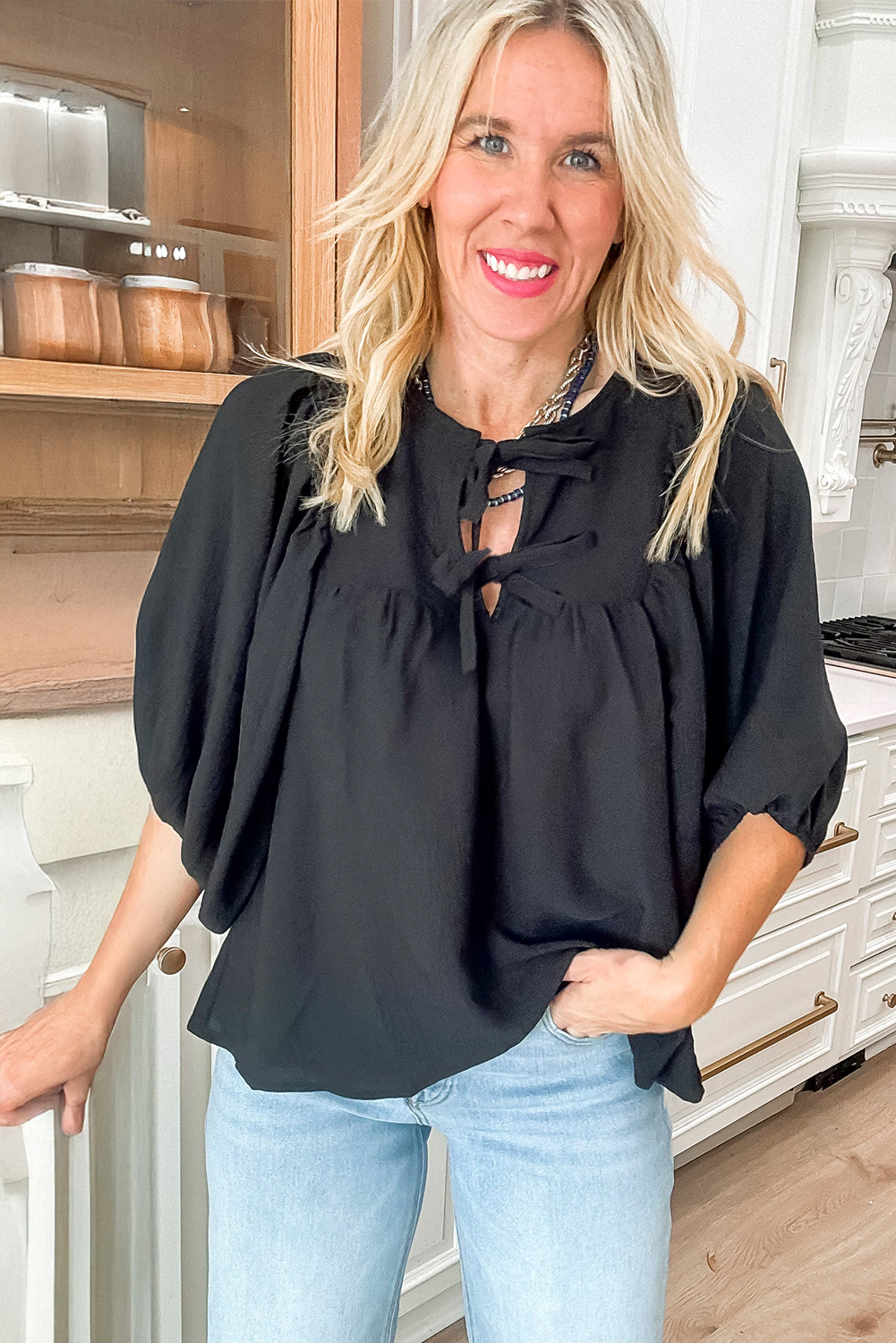 Black Bow Tie Neck 3/4 Sleeve Casual Blouse - loveforevers