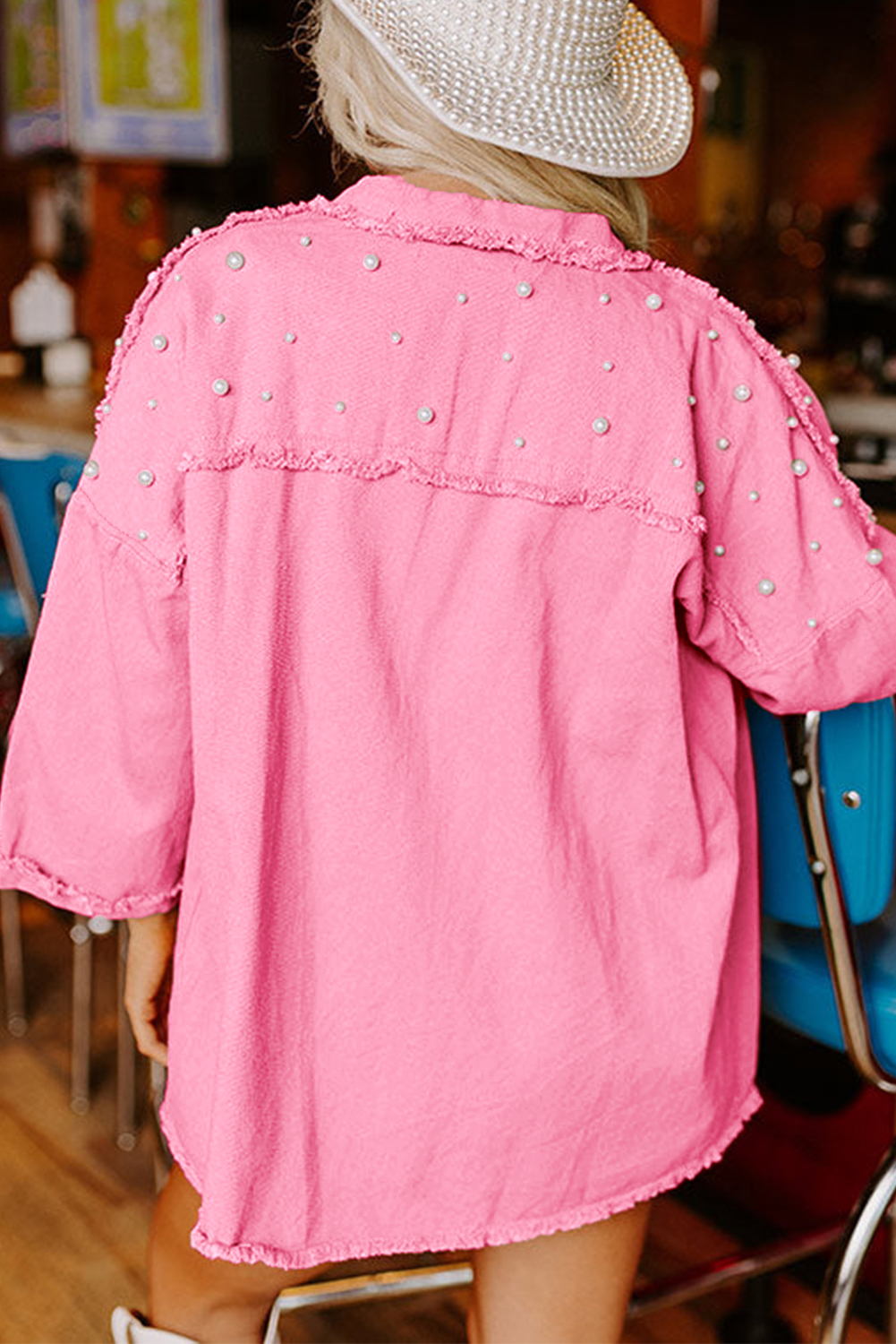 Bonbon Pearl Beaded Raw Hem Button Up Denim Jacket - loveforevers