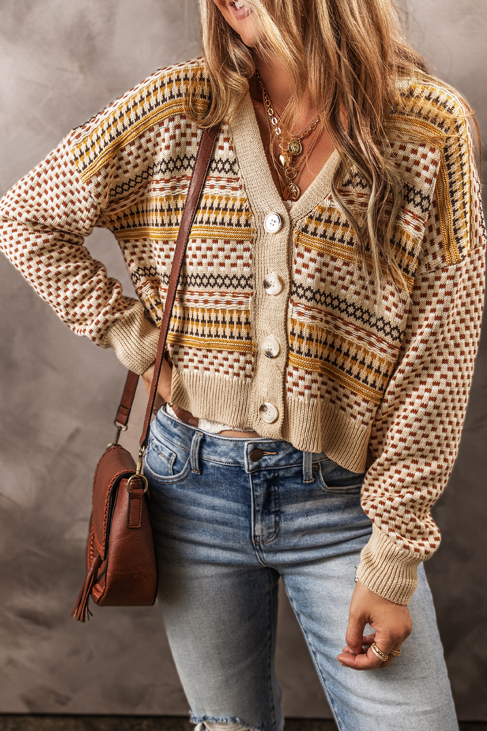 Khaki Buttoned V Neck Cropped Cardigan - loveforevers