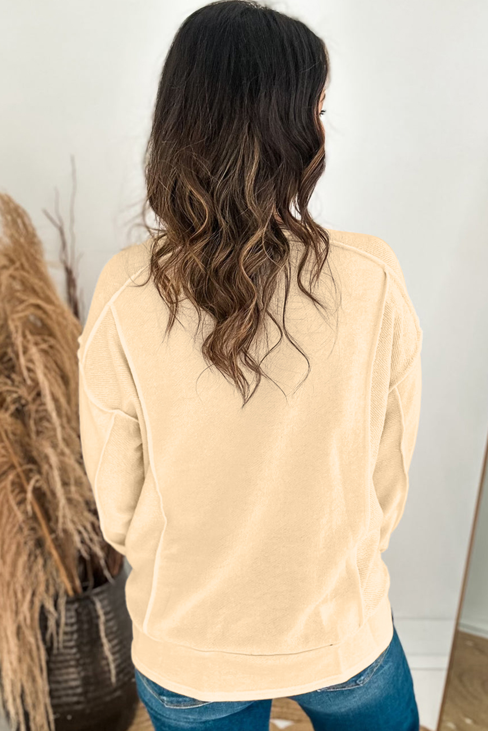 Beige Splicing Round Neck Pullover Sweatshirt - loveforevers