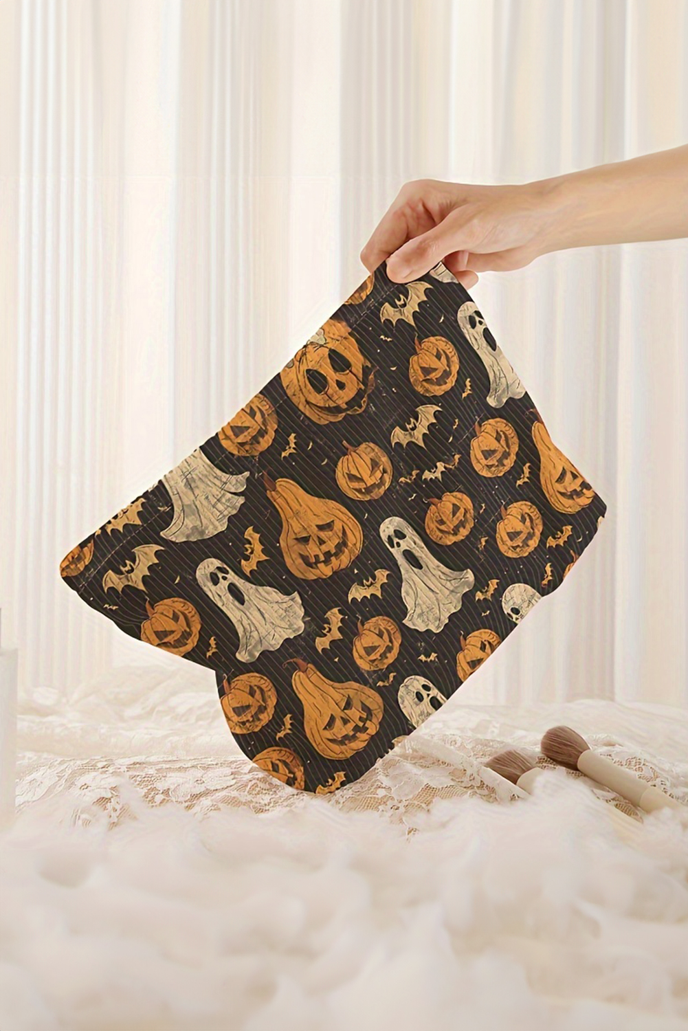 Black Striped Halloween Pumpkin Ghost Printed Makeup Bag - loveforevers