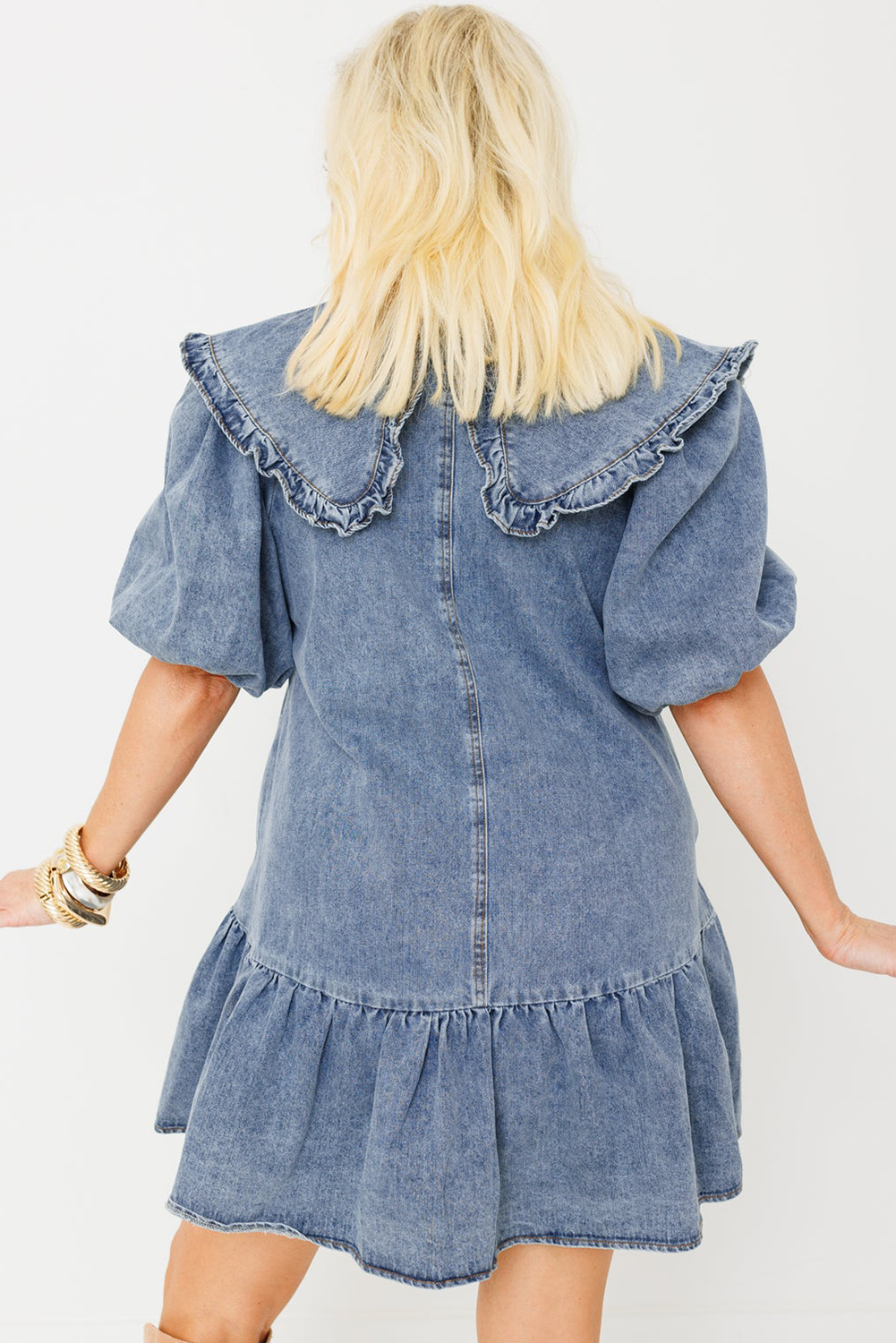 Dusk Blue Ruffled Collared Side Pockets Puff Sleeve Denim Mini Dress - loveforevers