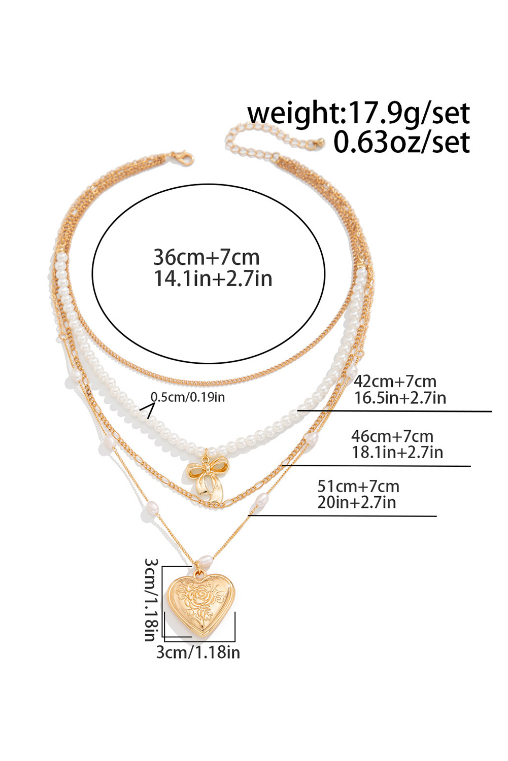 Gold Plated Bow Heart Pendant Pearl Beading Multilayer Necklace - loveforevers