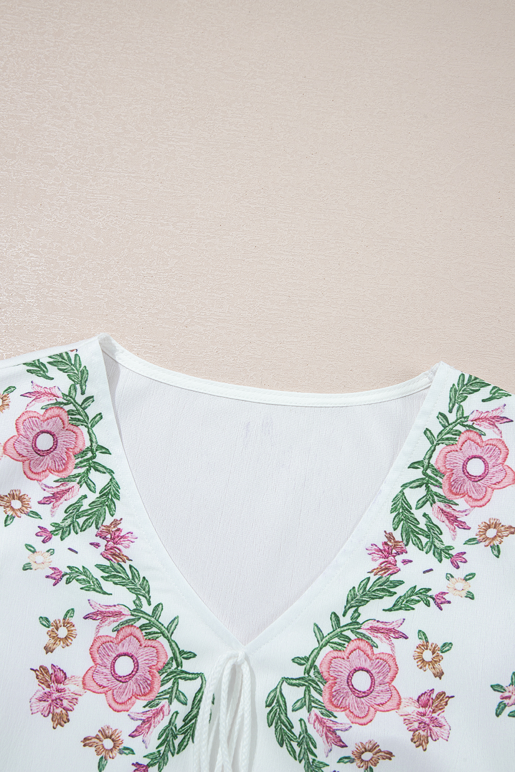 White Flower Print Lace-up V Neck Babydoll Blouse - loveforevers