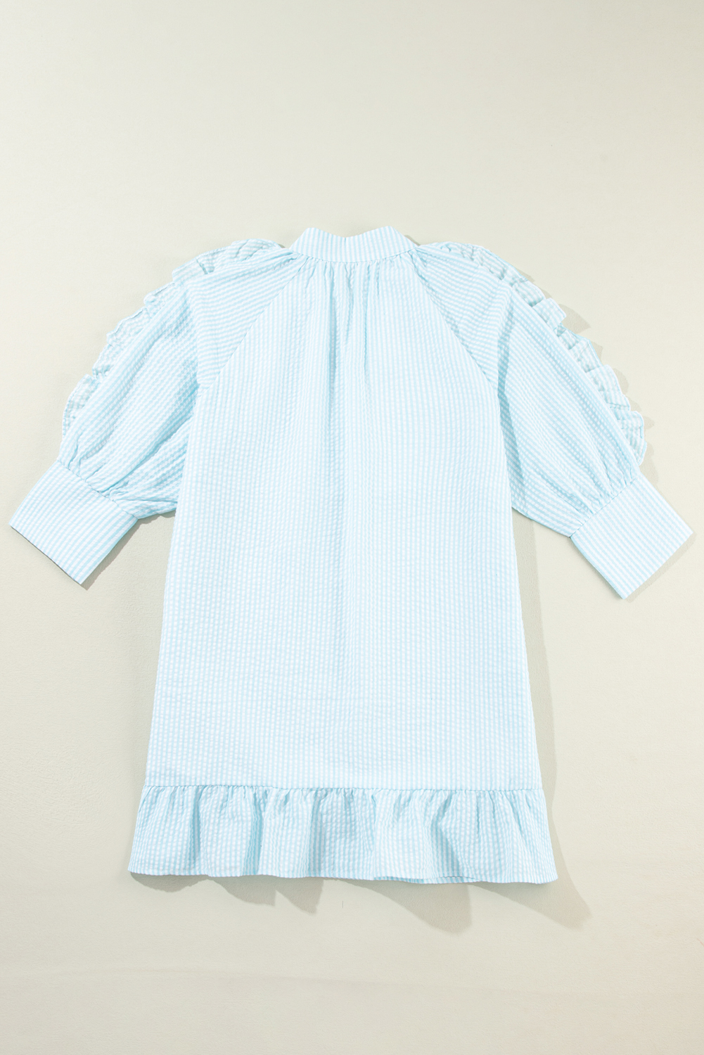 Myosotis Seersucker Ruffled Puff Sleeve Stand Neck Mini Dress - loveforevers