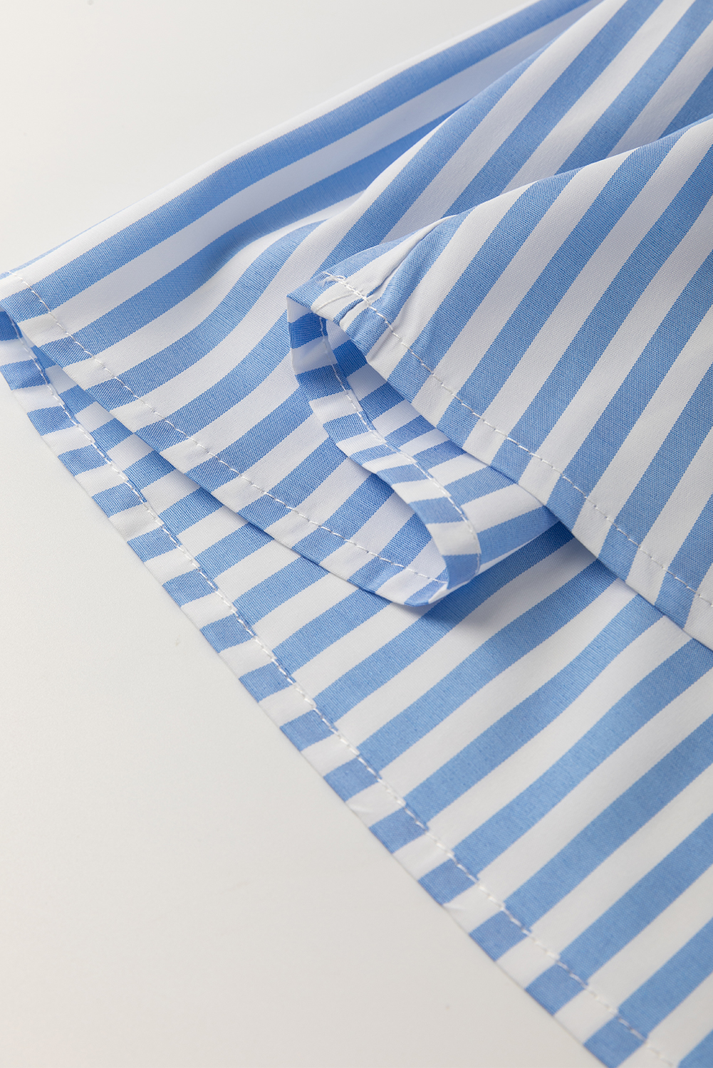 Sky Blue Stripe Shirt Collar V Neck Ricrac Trim 3/4 Puff Sleeve Blouse - loveforevers