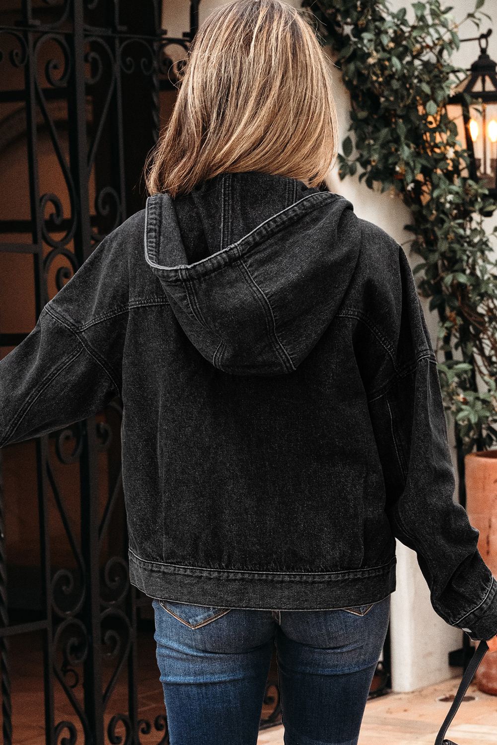 Black Big Chest Pocket Drop Shoulder Hooded Denim Jacket - loveforevers