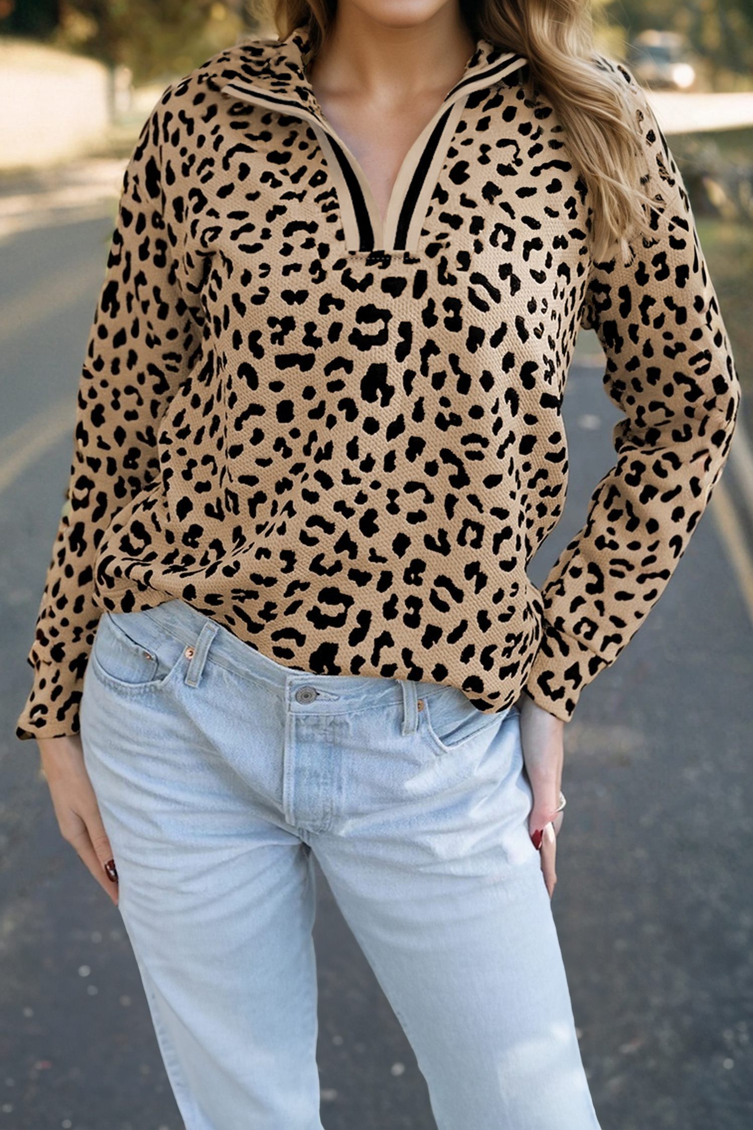 Parchment Leopard Polo Collar V Neck Pullover Top - loveforevers