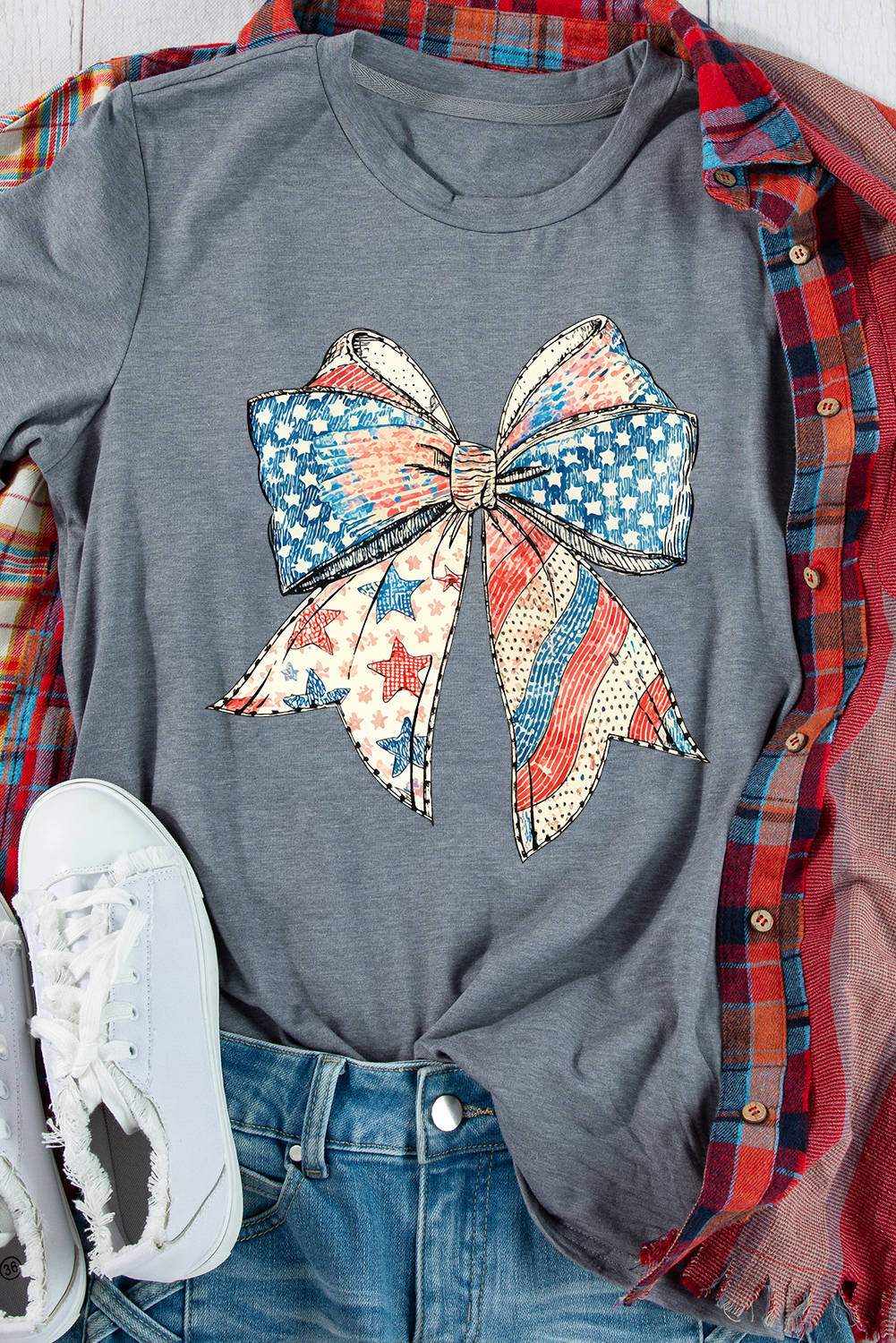 Gray US Flag Bow Print Round Neck Loose T Shirt - loveforevers