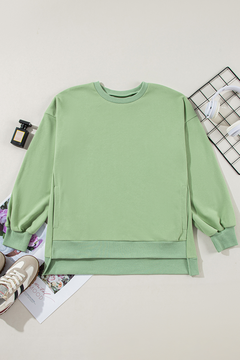 Grass Green Solid Fleece Lined Drop Shoulder High Low Sweatshirt - loveforevers