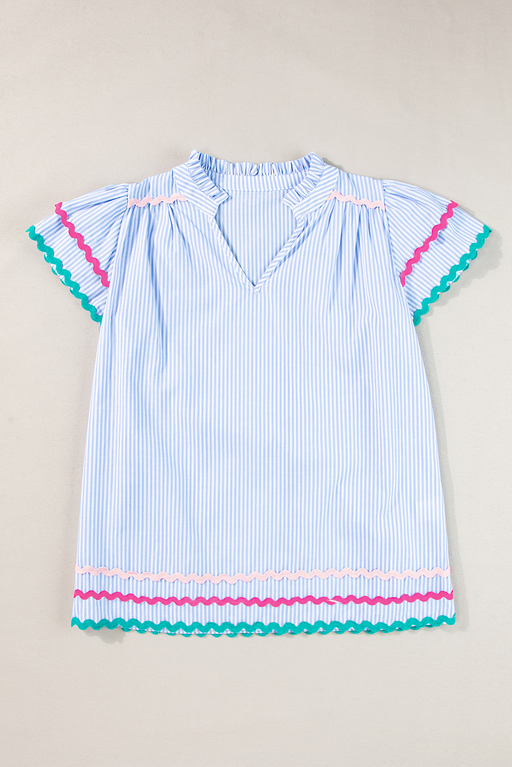 Sky Blue Stripe Ricrac Trim Split Neck Striped Ruffled Sleeve Blouse - loveforevers