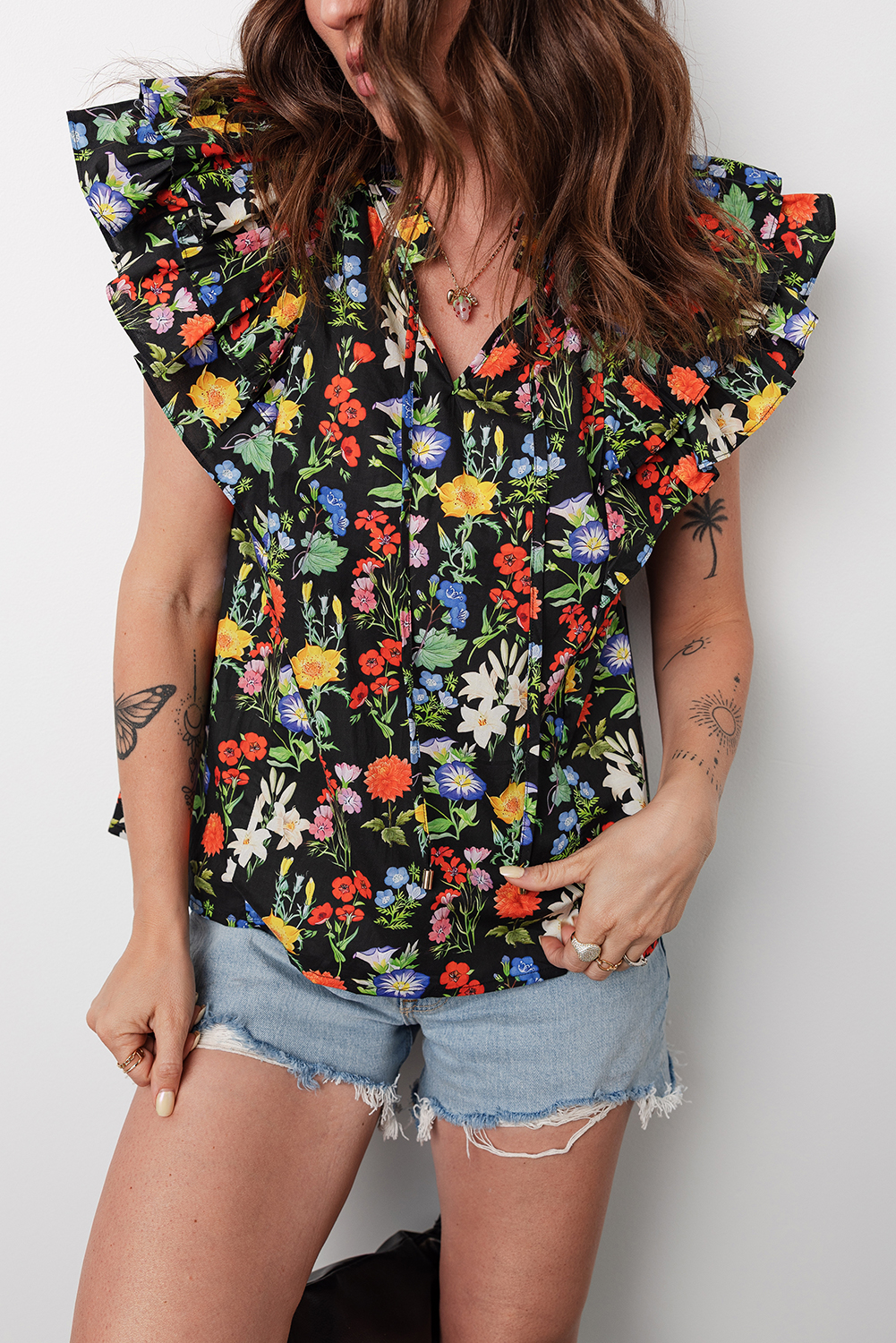 Black Tiered Flutter Sleeve V Neck Flower Blouse - loveforevers