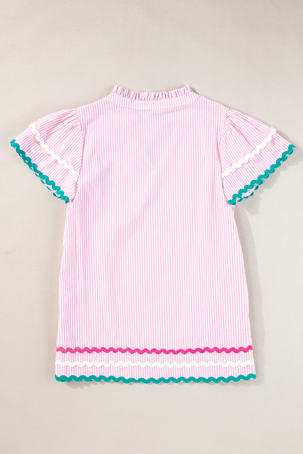 Sky Blue Stripe Ricrac Trim Split Neck Striped Ruffled Sleeve Blouse - loveforevers