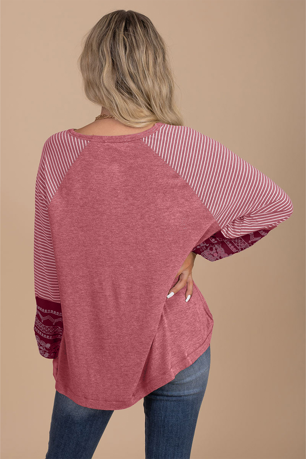 Tillandsia Purple Contrast Print Striped Raglan Long Sleeve Loose Top - loveforevers