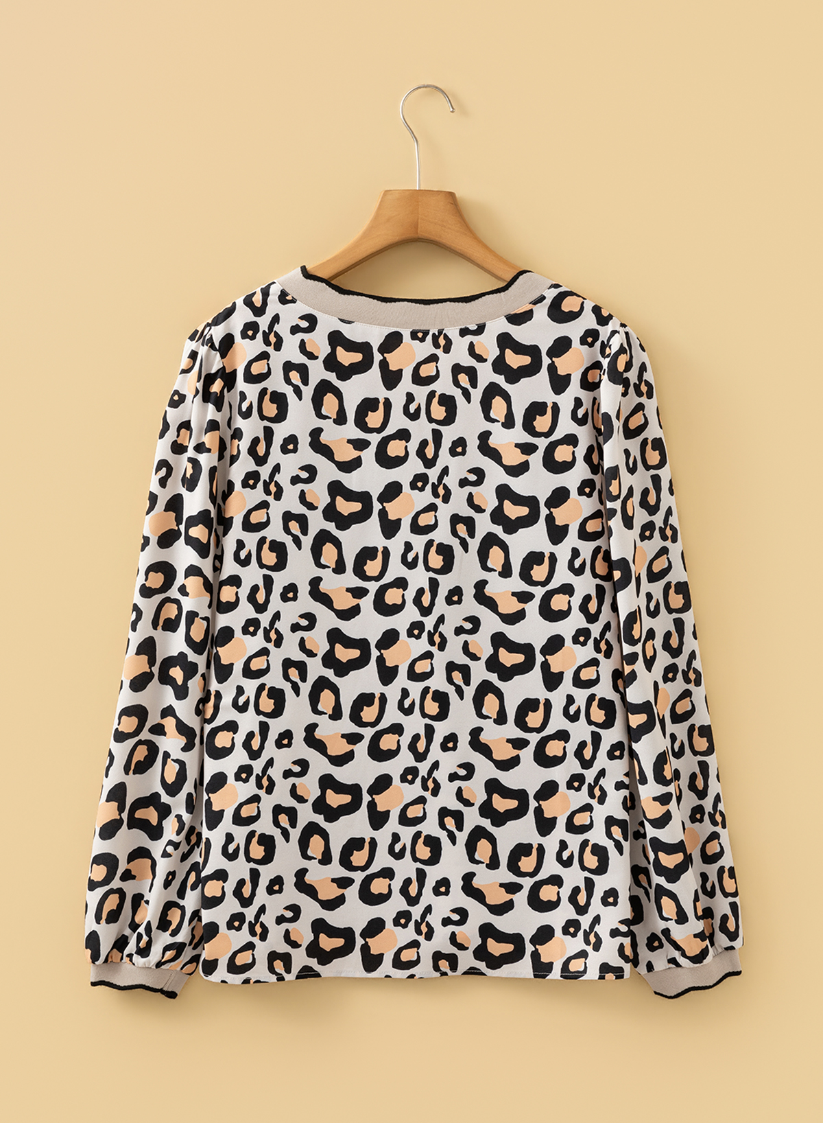 Khaki Leopard Print Contrast Scalloped V Neck Long Sleeve Blouse - loveforevers